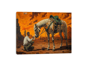 Western horse and cowboy canvas art with desert sunset for rustic office decor.