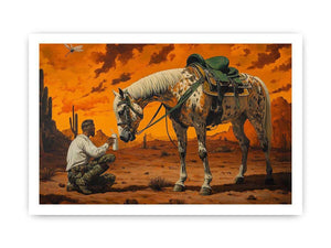 Western horse and cowboy canvas art with desert sunset for rustic office decor.