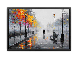 romantic rainy street couple painting autumn lights canvas wall art modern impressionist