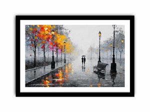 romantic rainy street couple painting autumn lights canvas wall art modern impressionist