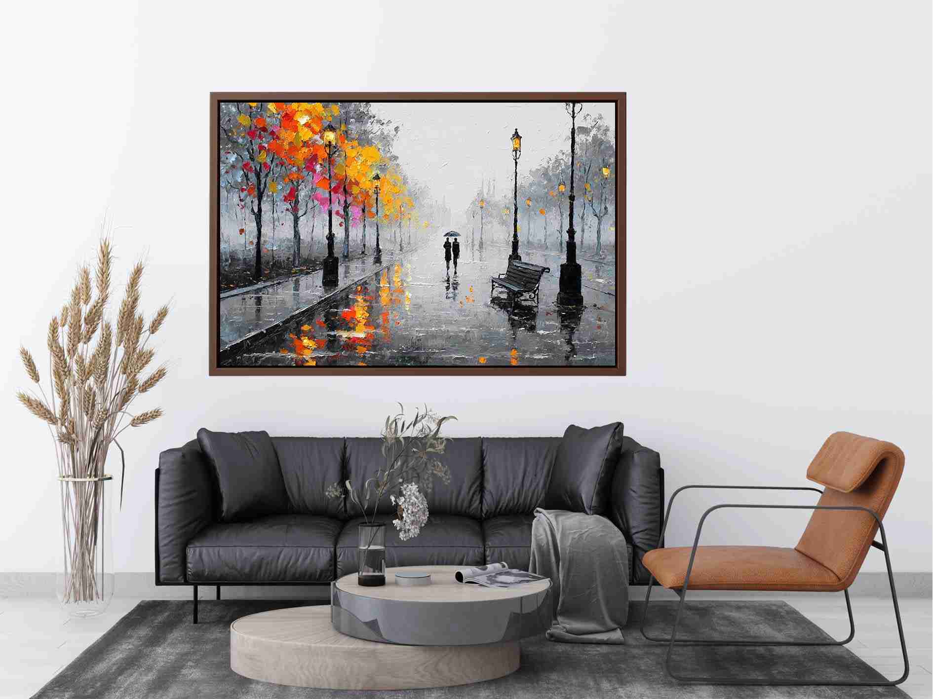 romantic rainy street couple painting autumn lights canvas wall art modern impressionist