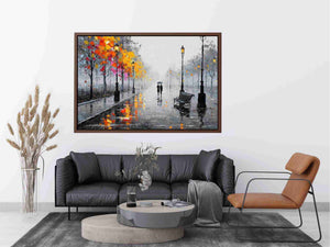 romantic rainy street couple painting autumn lights canvas wall art modern impressionist