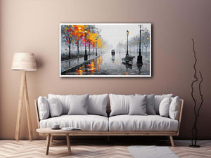 romantic rainy street couple painting autumn lights canvas wall art modern impressionist