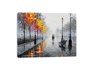 romantic rainy street couple painting autumn lights canvas wall art modern impressionist