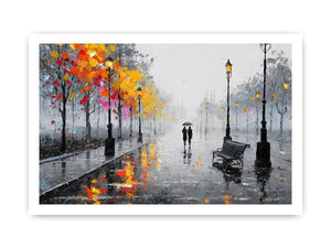 romantic rainy street couple painting autumn lights canvas wall art modern impressionist