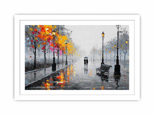 romantic rainy street couple painting autumn lights canvas wall art modern impressionist