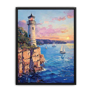 Pastel lighthouse harbor canvas art with sailboats for coastal living room decor.