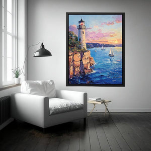 Pastel lighthouse harbor canvas art with sailboats for coastal living room decor.