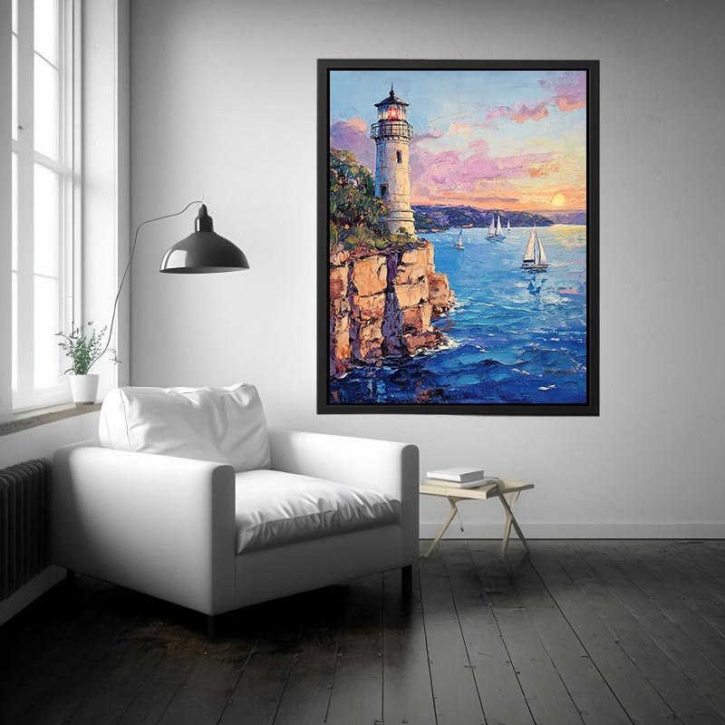 Pastel lighthouse harbor canvas art with sailboats for coastal living room decor.