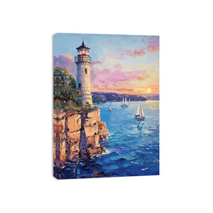 Pastel lighthouse harbor canvas art with sailboats for coastal living room decor.