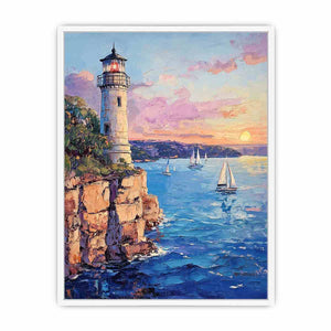 Pastel lighthouse harbor canvas art with sailboats for coastal living room decor.