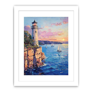 Pastel lighthouse harbor canvas art with sailboats for coastal living room decor.