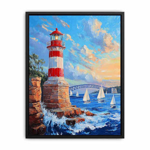 Red lighthouse harbor canvas print with sailboats for coastal home decor.