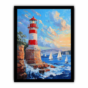 Red lighthouse harbor canvas print with sailboats for coastal home decor.