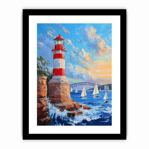 Red lighthouse harbor canvas print with sailboats for coastal home decor.