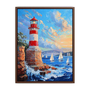 Red lighthouse harbor canvas print with sailboats for coastal home decor.