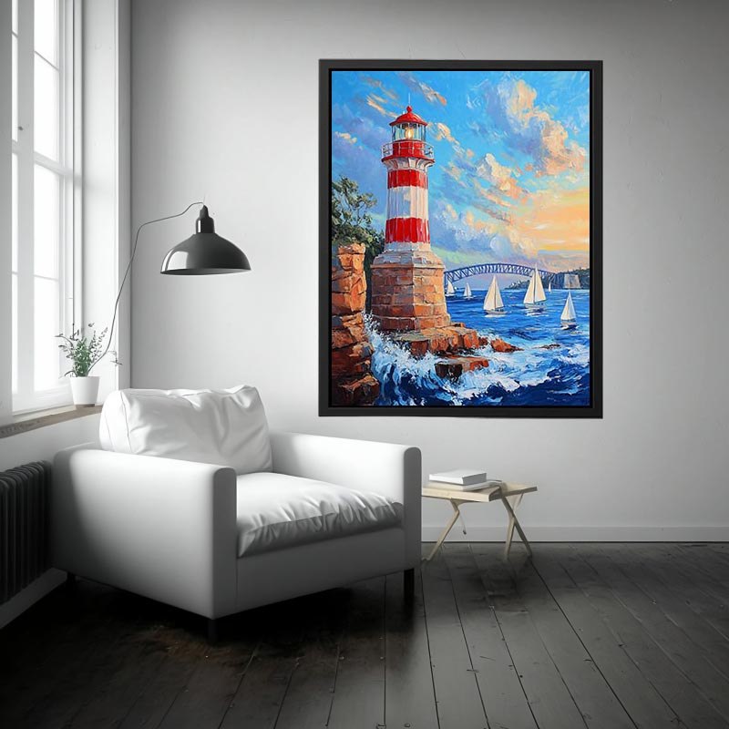 Red lighthouse harbor canvas print with sailboats for coastal home decor.