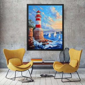Red lighthouse harbor canvas print with sailboats for coastal home decor.