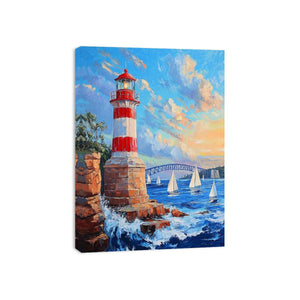 Red lighthouse harbor canvas print with sailboats for coastal home decor.