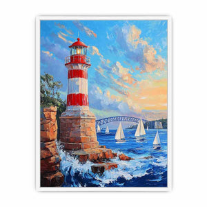 Red lighthouse harbor canvas print with sailboats for coastal home decor.
