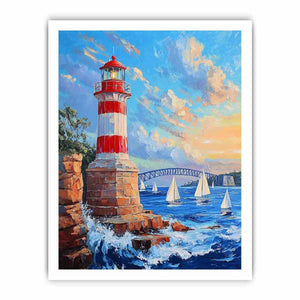 Red lighthouse harbor canvas print with sailboats for coastal home decor.