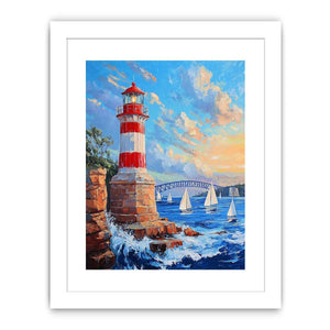Red lighthouse harbor canvas print with sailboats for coastal home decor.