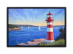 red lighthouse canvas art with sailboats for beach house decor.