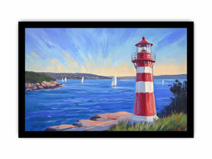 red lighthouse canvas art with sailboats for beach house decor.