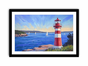 red lighthouse canvas art with sailboats for beach house decor.