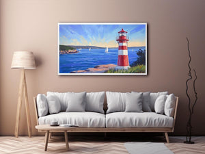 red lighthouse canvas art with sailboats for beach house decor.
