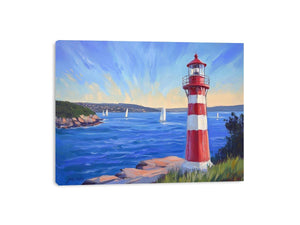 red lighthouse canvas art with sailboats for beach house decor.