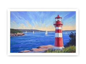 red lighthouse canvas art with sailboats for beach house decor.