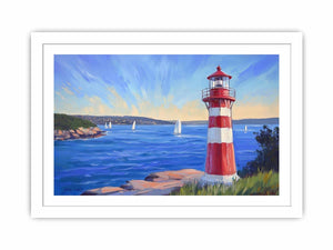 red lighthouse canvas art with sailboats for beach house decor.