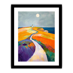 Colorful coastal lighthouse path canvas art for modern bedroom decor.