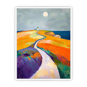 Colorful coastal lighthouse path canvas art for modern bedroom decor.
