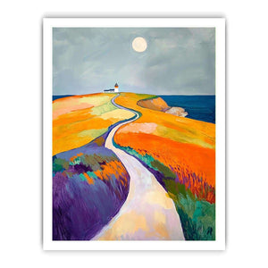 Colorful coastal lighthouse path canvas art for modern bedroom decor.
