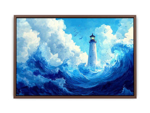 Blue lighthouse wave canvas print for calm coastal bedroom decor.