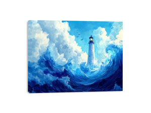 Blue lighthouse wave canvas print for calm coastal bedroom decor.