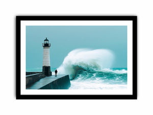 Coastal lighthouse wave photography wall art for modern office decor.