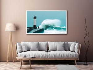 Coastal lighthouse wave photography wall art for modern office decor.