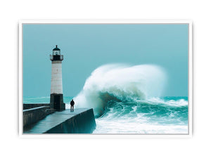 Coastal lighthouse wave photography wall art for modern office decor.