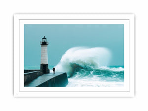 Coastal lighthouse wave photography wall art for modern office decor.