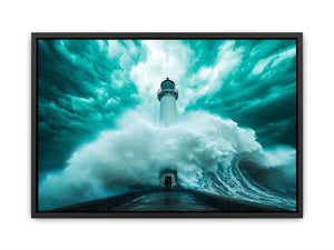 Teal storm lighthouse canvas art with giant wave for modern living room decor.