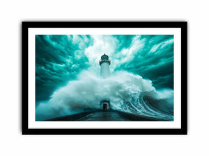 Teal storm lighthouse canvas art with giant wave for modern living room decor.