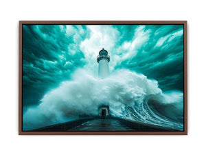 Teal storm lighthouse canvas art with giant wave for modern living room decor.