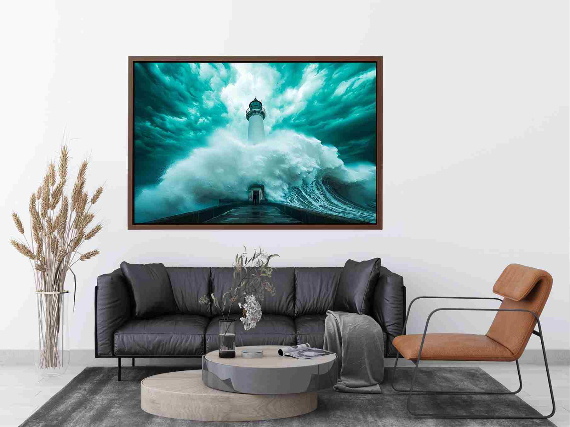 Teal storm lighthouse canvas art with giant wave for modern living room decor.