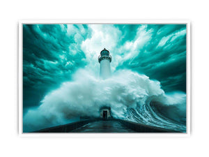 Teal storm lighthouse canvas art with giant wave for modern living room decor.