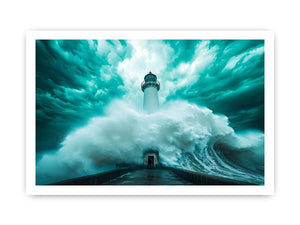 Teal storm lighthouse canvas art with giant wave for modern living room decor.