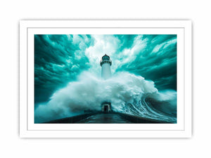 Teal storm lighthouse canvas art with giant wave for modern living room decor.