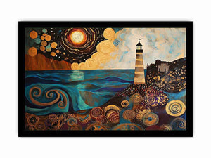 Surreal coastal lighthouse canvas art with moon, ocean waves, and harbor village for living room decor.